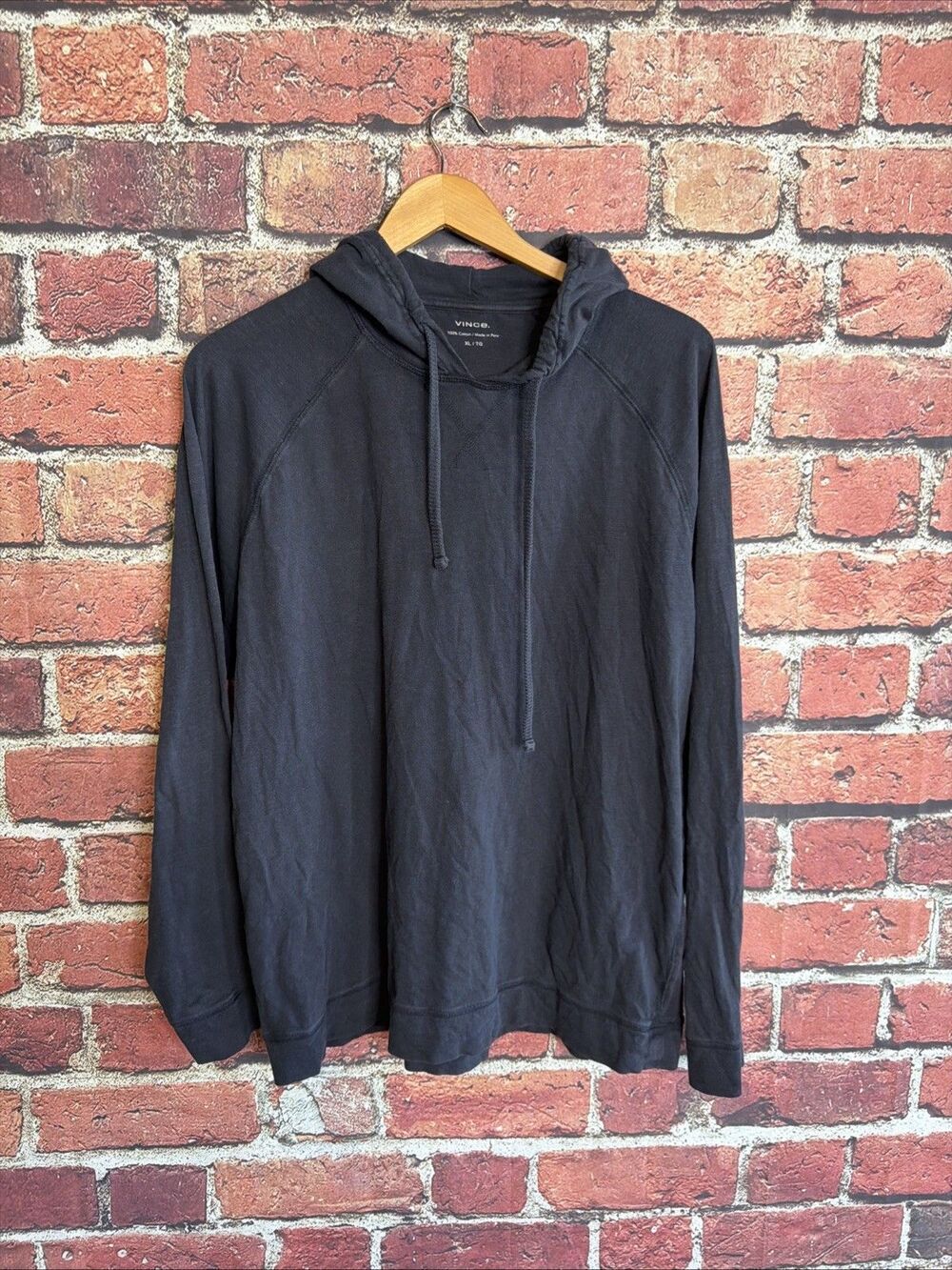 Vince. Mens Black 100% Cotton Lightweight Raglan Pullover Hoodie XL